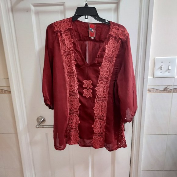 Johnny Was Crimson Red Embroidered Georgette ¾ Sleeve Top